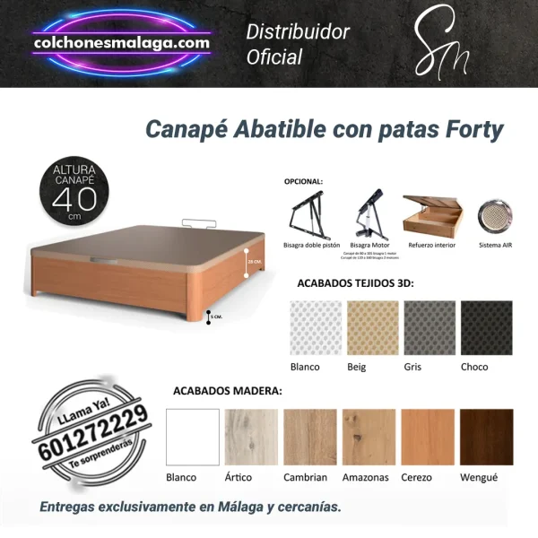 Canape Abatible Forty con patas Santaella caracteristicas Canapé Abatible Forty con Patas, acabado en Cambrian con patas robustas.