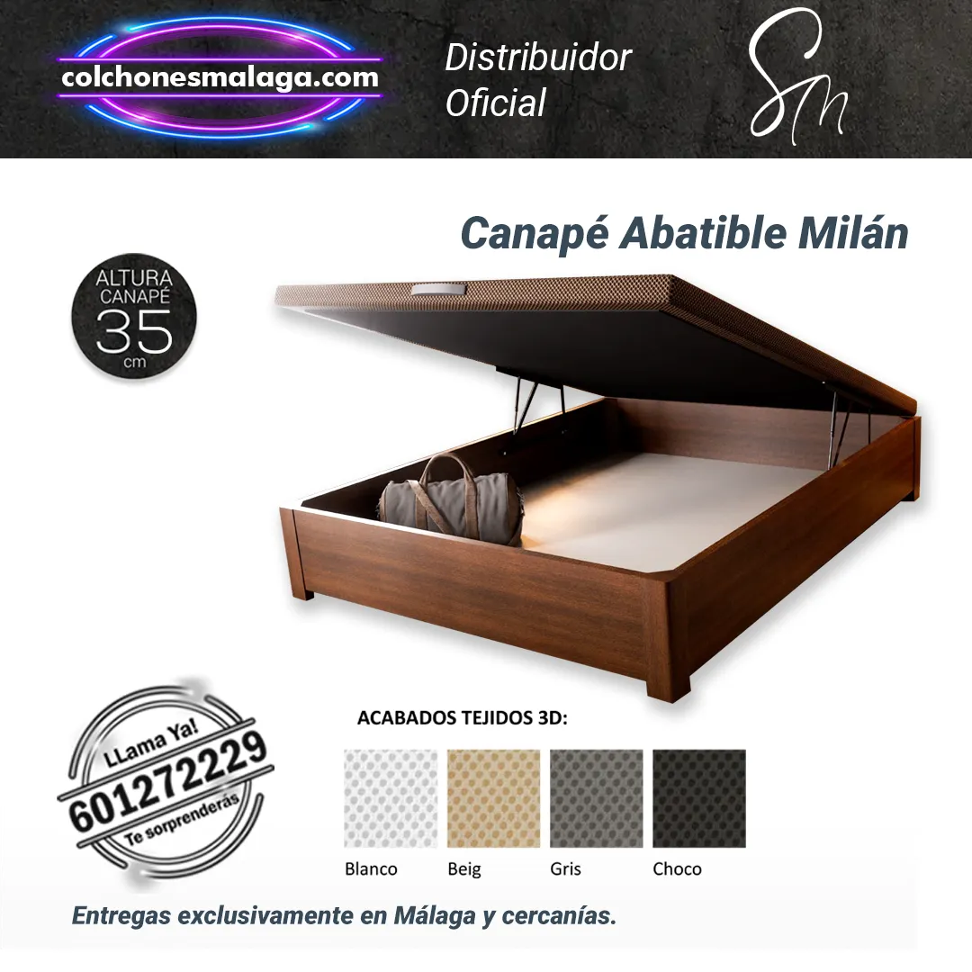 Canape Abatible Milan Santaella 2 35cm Canapé abatible Milán de Santaella con gran capacidad y diseño robusto, disponible en todas las medidas y con envío gratuito en Málaga