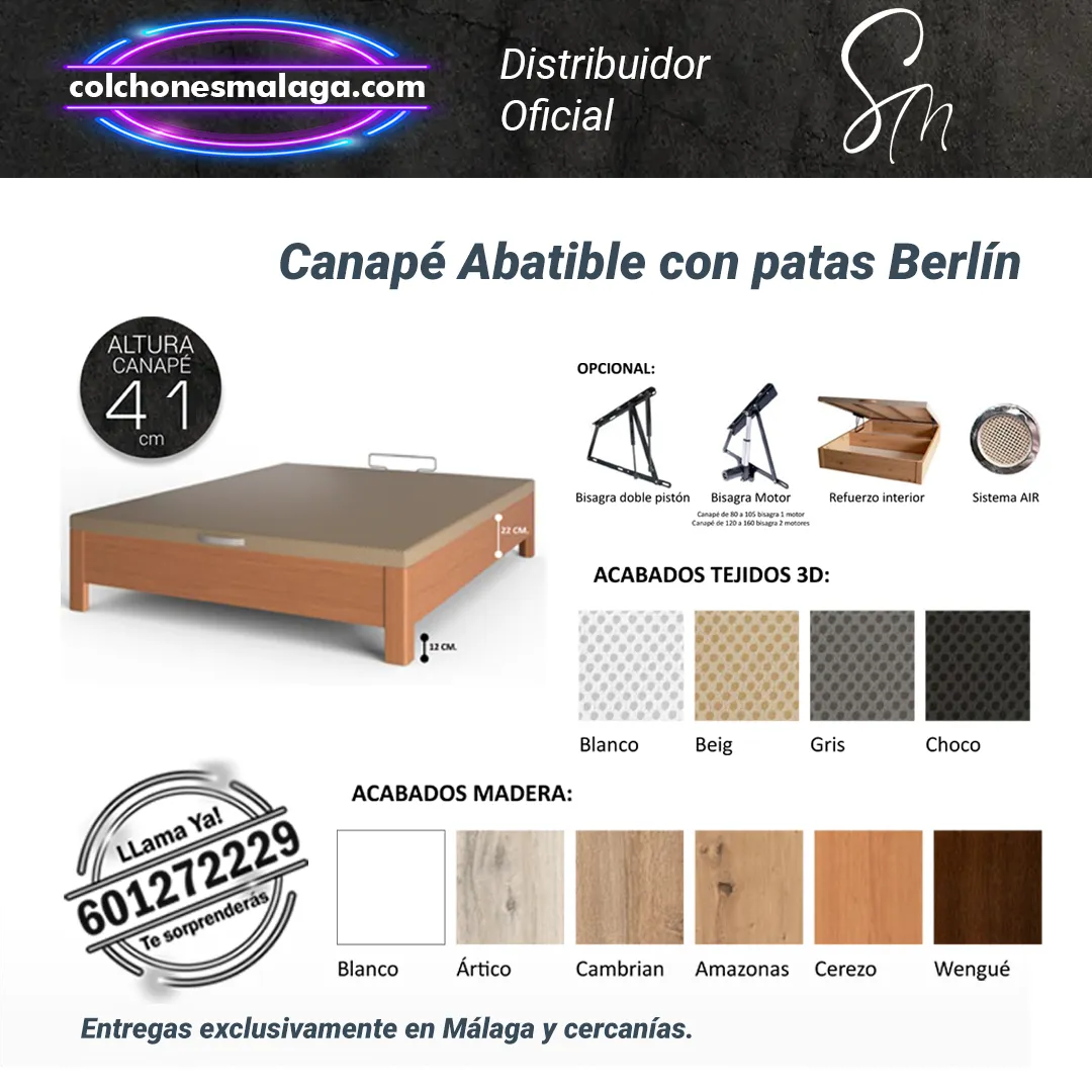 Canape Abatible Berlin santaella caracteristicas Canapé Abatible Berlín con altura de 41 cm y tapa 3D ventilada.