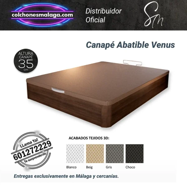 Canapé Abatible Venus con diseño moderno, tapa ventilada y gran capacidad de almacenamiento.