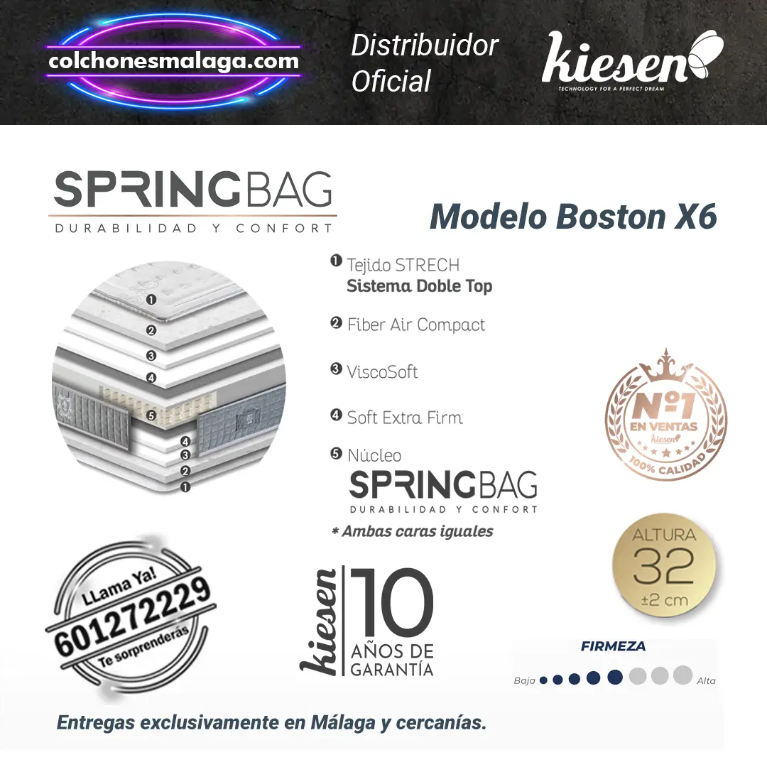 Características del Colchón de Muelles Ensacados Boston Kiesen Características de los Colchones de Muelles Ensacados Boston Kiesen, con 32 cm de altura, sistema SpringBag, doble cara y ViscoSoft para un descanso superior.