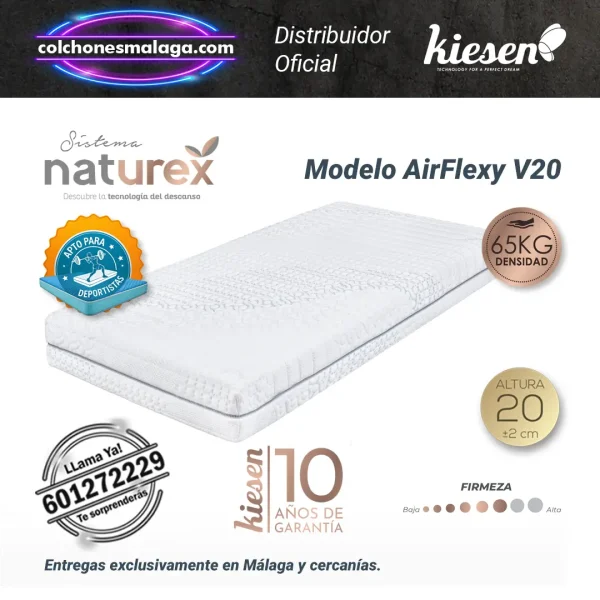 Colchones Airflexy V20 Kiesen con núcleo Air-Tech y tejido Strech para un descanso reparador.
