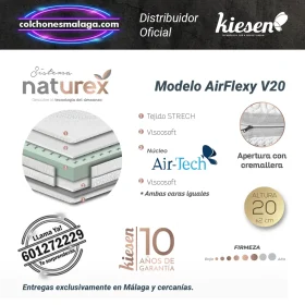 Características de colchones Airflexy V20 Kiesen con núcleo Air-Tech y tejido Strech para un descanso reparador.