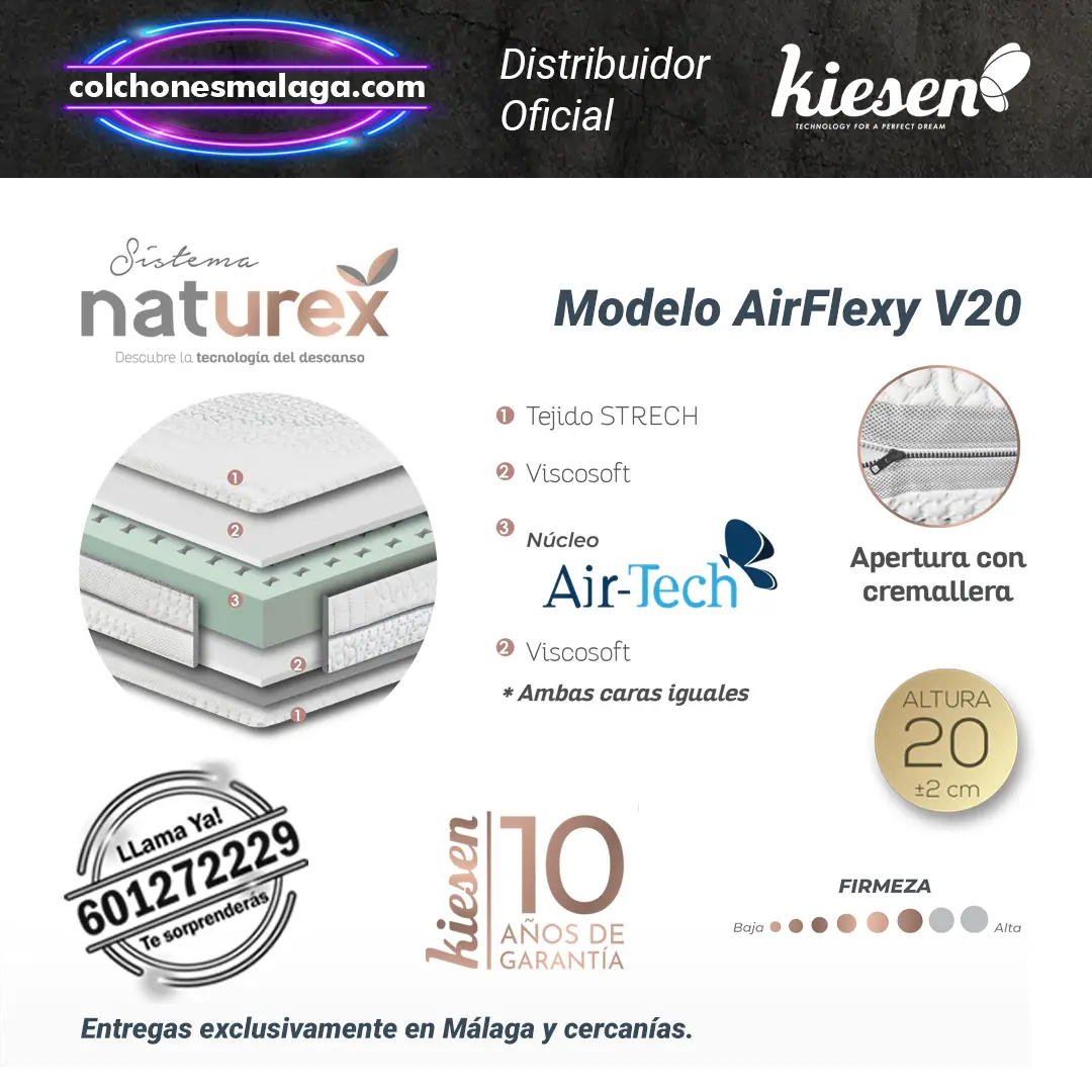 Características de Colchones Airflexy V20 Kiesen - Descanso Único Características de colchones Airflexy V20 Kiesen con núcleo Air-Tech y tejido Strech para un descanso reparador.