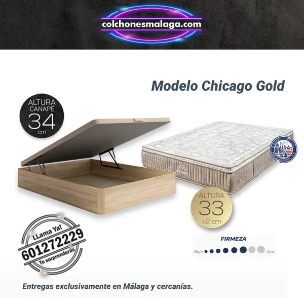 Pack Colchon Chicago con Canape Abatible Premium, diseño elegante y 3 ventajas para el descanso.