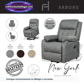 Sillon New York Power Lift 1 Motor reclinable con mando USB y asiento con muelles ensacados, disponible en Málaga.