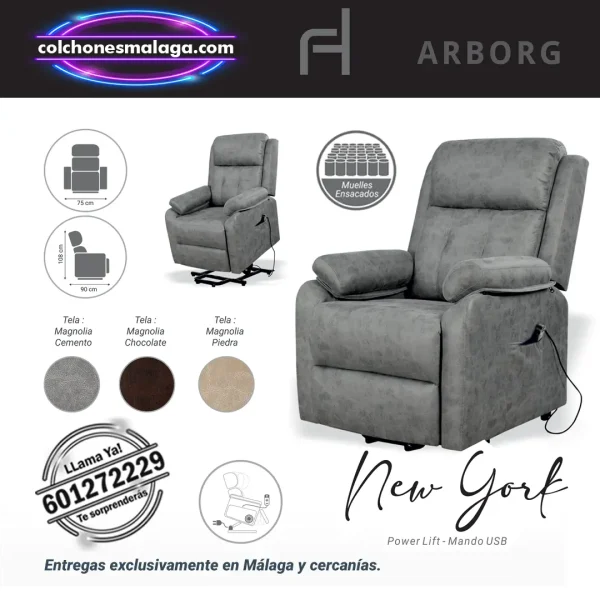 Sillon New York Power Lift 1 Motor reclinable con mando USB y asiento con muelles ensacados, disponible en Málaga.