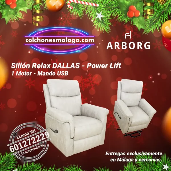Sillon Relax Power Lift Dallas con Muelles Ensacados y Mando USB, tapizado en tela Nova, disponible en tres colores, promoción Mes de los Regalos en Málaga.