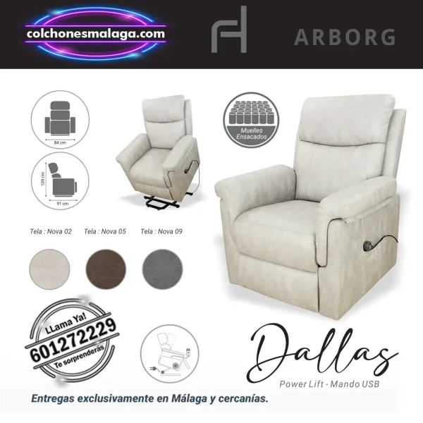 Sillon Relax Power Lift Dallas con Muelles Ensacados y Mando USB muelles ensacados y mando USB. Tapizado en tela Nova, disponible en tres colores.