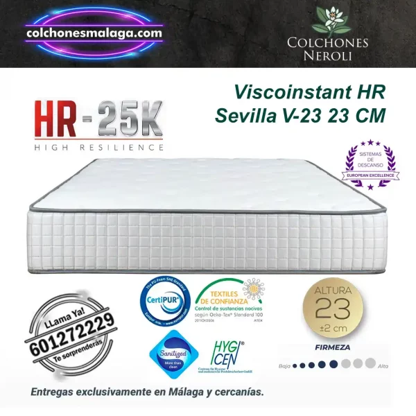 colchones viscoinstant hr sevilla v-23 23 cm con núcleo HR 25K y viscoinstant de firmeza firme