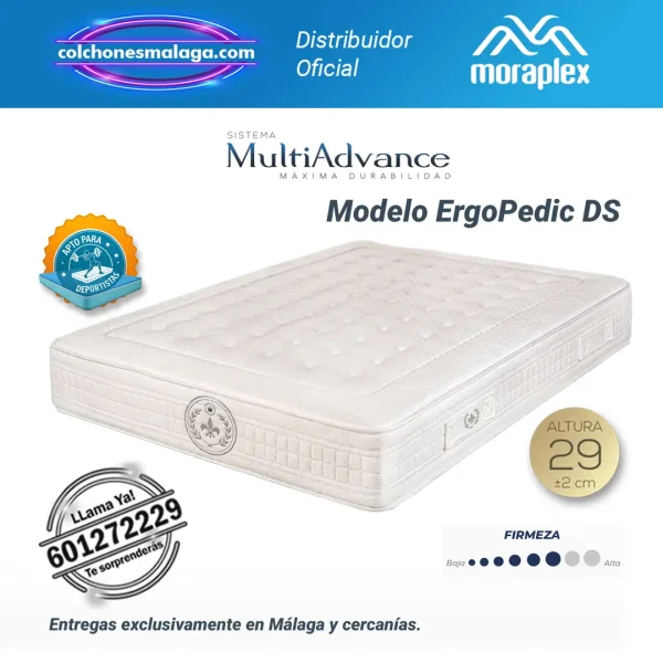 Los Colchones Viscoelasticos Ergopedic DS Moraplex de 29 cm combinan núcleo MultiAdvance y doble capa Viscosoft para un descanso ergonómico y reparador.