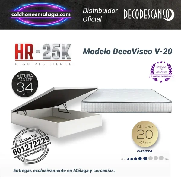 Vista frontal de los colchones viscoelasticos decovisco V20 20cm con canape abatible, que ofrece mayor confort y amplio espacio de almacenamiento.