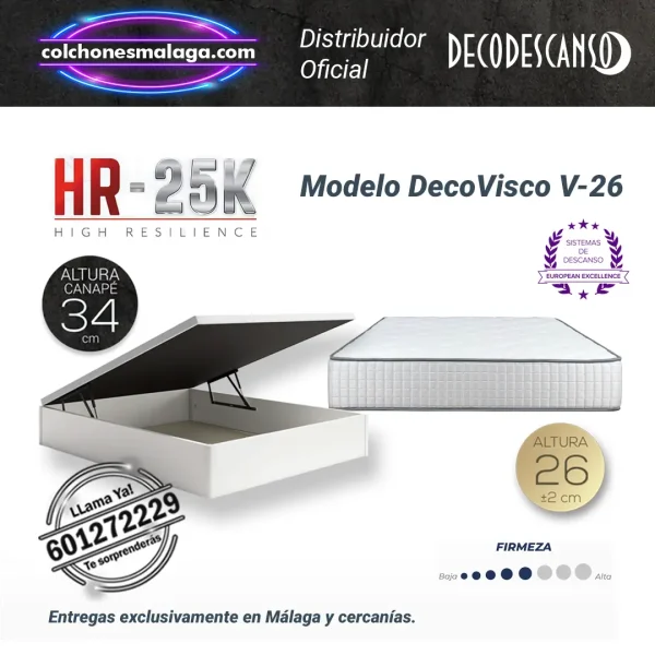 Imagen de los colchones viscoelasticos decovisco V26 26cm con canape abatible, ideal para descanso superior y almacenamiento extra.