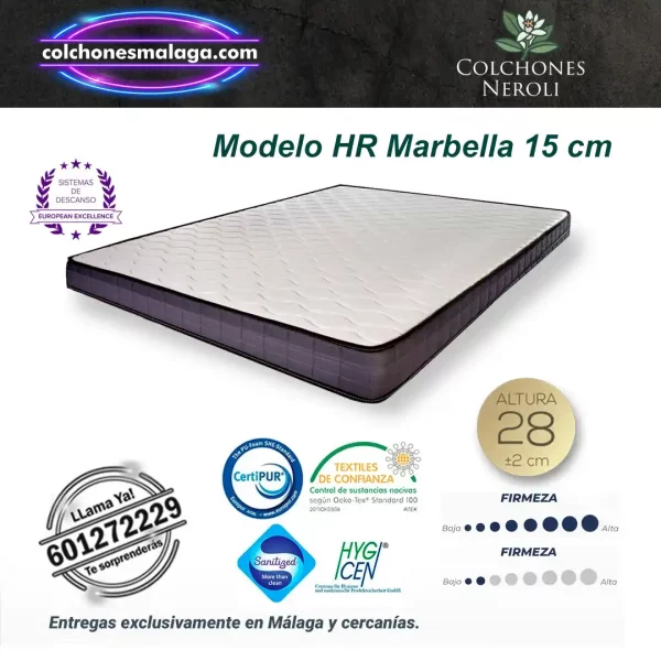 colchones hr marbella 15 cm con núcleo de espuma de alta resistencia y firmeza media