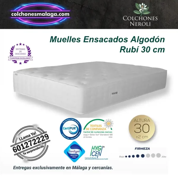 colchones muelles ensacados algodon rubi 30 cm con algodón natural, muelles independientes y viscoelástica
