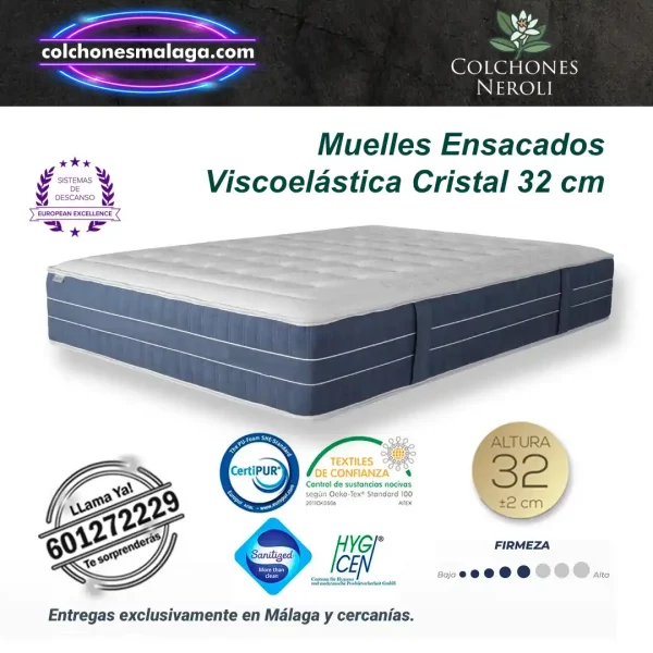 colchones muelles ensacados viscoelastica cristal 32 cm con firmeza media y muelles independientes