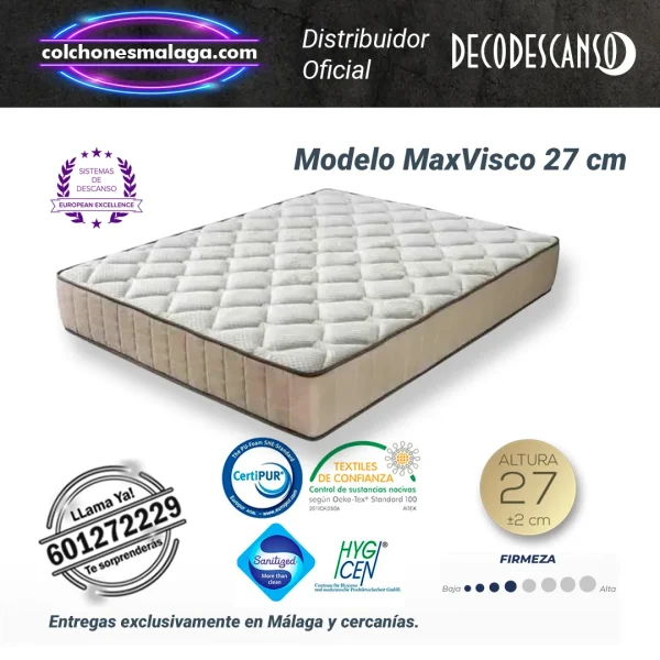 Colchones viscoelasticos maxvisco 27 cm con gel pure, firmeza adaptable y alta transpirabilidad