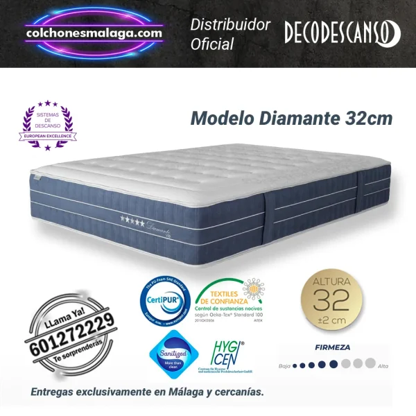 colchones de muelles diamante 32 cm de muelles ensacados con viscoelastica y viscoinstant en doble cara. Firmeza media y tumbada envolvente