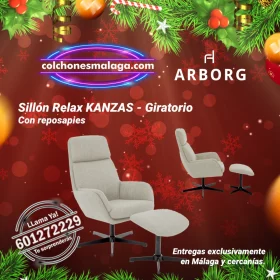 Sillon relax giratorio Kansas de Arborg con reposapies tapizado en tela Bjorn 28, sillón giratorio con reposapiés a juego, cómodo y elegante para el hogar.