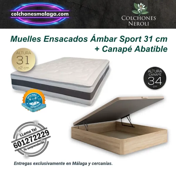 Colchones muelles ensacados ámbar sport 31 cm + canapé abatible reforzado