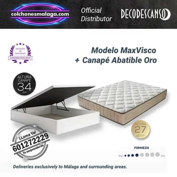 Colchones viscoelasticos MaxVisco 27 cm con canape abatible Oro. Firmeza media-alta, frescor y montaje en Malaga.