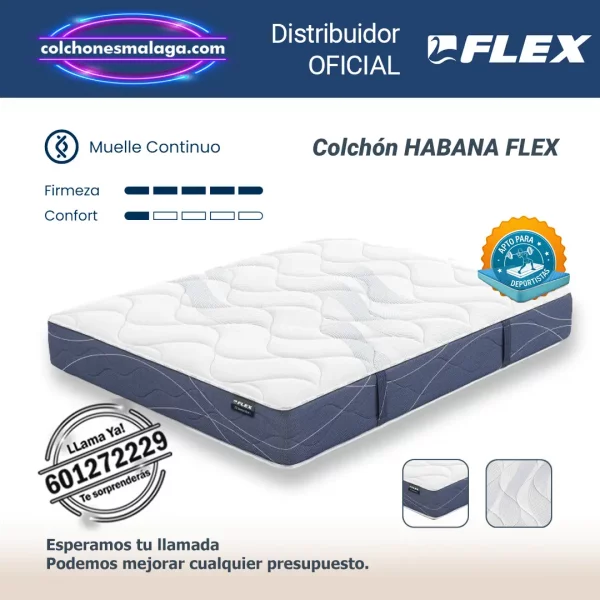 colchones de muelles continuos habana flex 29 cm con tecnología Multielástic, firmeza media-alta, ideal para deportistas, entrega profesional en Málaga.