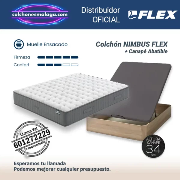 Colchones de Muelles Ensacados Nimbus Flex 33 cm con Canape Abatible reforzado, firmeza media-alta, ideal para deportistas, entrega profesional en Málaga.