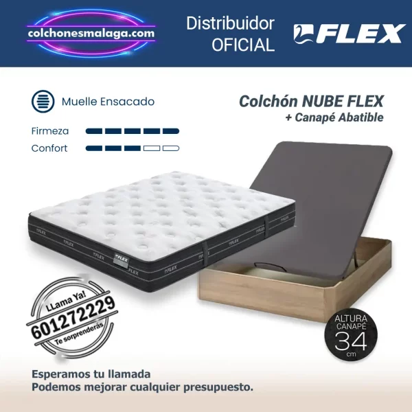 Colchones de Muelles Ensacados Nube Flex 30 cm con Canapé Abatible, reforzado, firmeza media-alta, montaje profesional en Málaga.