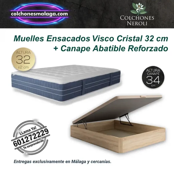 Colchones Muelles Ensacados Viscoelastica Cristal 32 cm con Canape Abatible Reforzado con confort premium y almacenaje