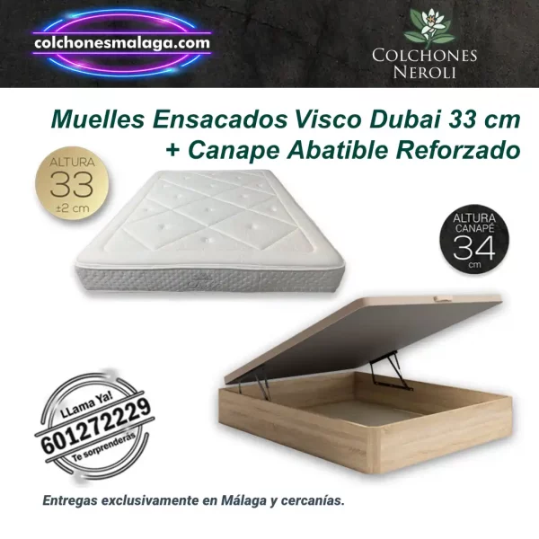 Colchones Muelles Ensacados Viscoinstant Dubai 33 cm con Canape Abatible Reforzado con confort premium y almacenaje integrado