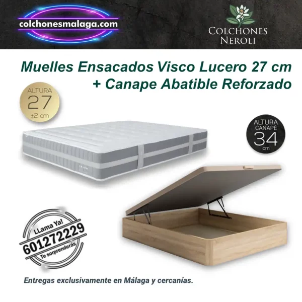 Colchones Muelles Ensacados Viscoinstant Lucero 27 cm con Canape Abatible Reforzado con confort adaptable y almacenaje integrado