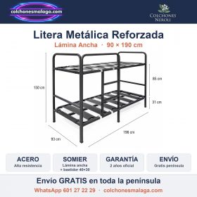 Litera metálica reforzada con somier lámina ancha 90x190 cm color negro - Colchones Málaga
