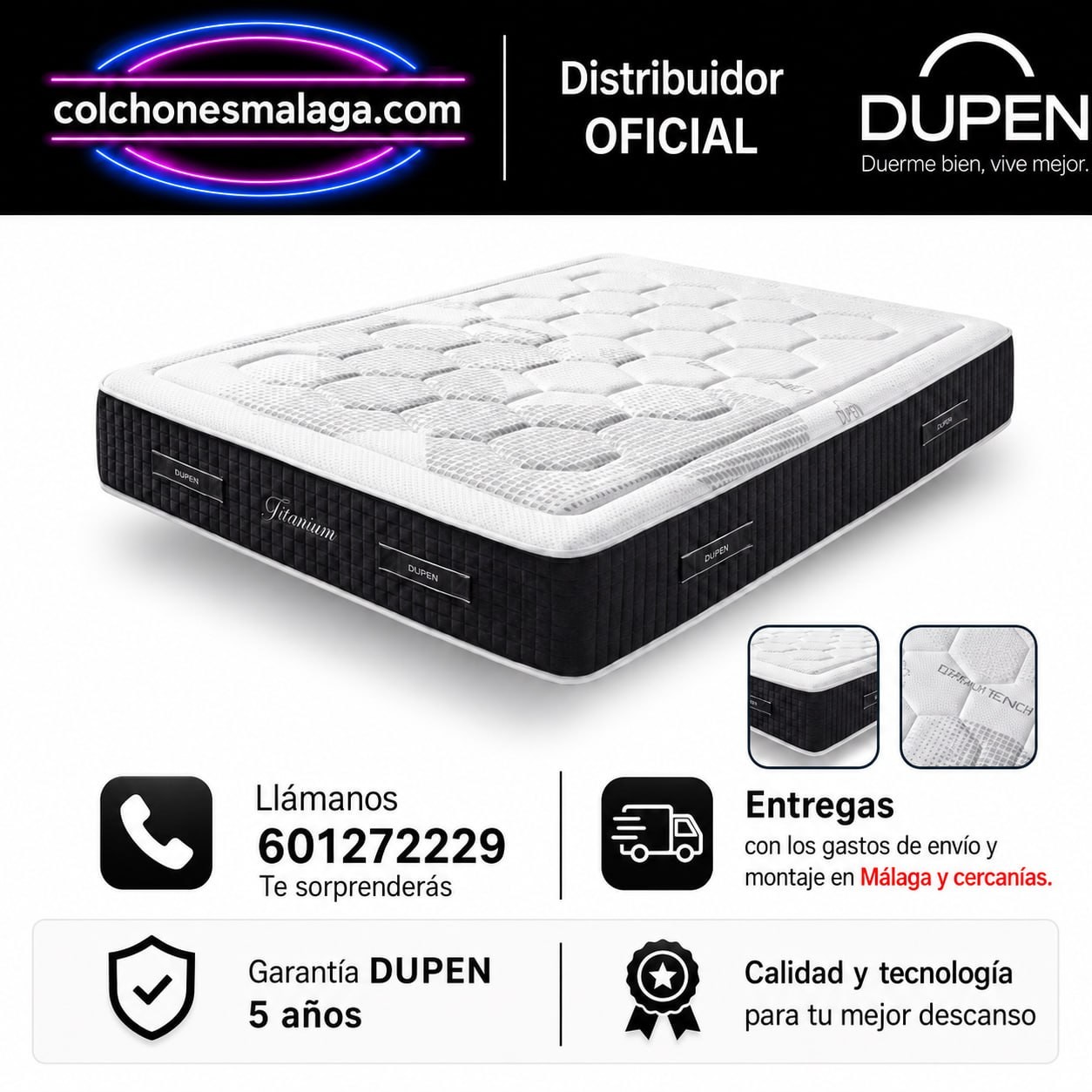 Colchón de muelles ensacados Titanium Tech de Dupen, 32 cm, dos caras, entrega y montaje en Málaga