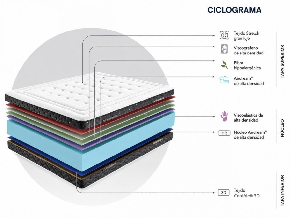 Cyclogram of the Dupen Memory Plus mattress Ciclograma capa a capa del colchón Memory Plus de Dupen: tapa superior, núcleo y base CoolAir 3D