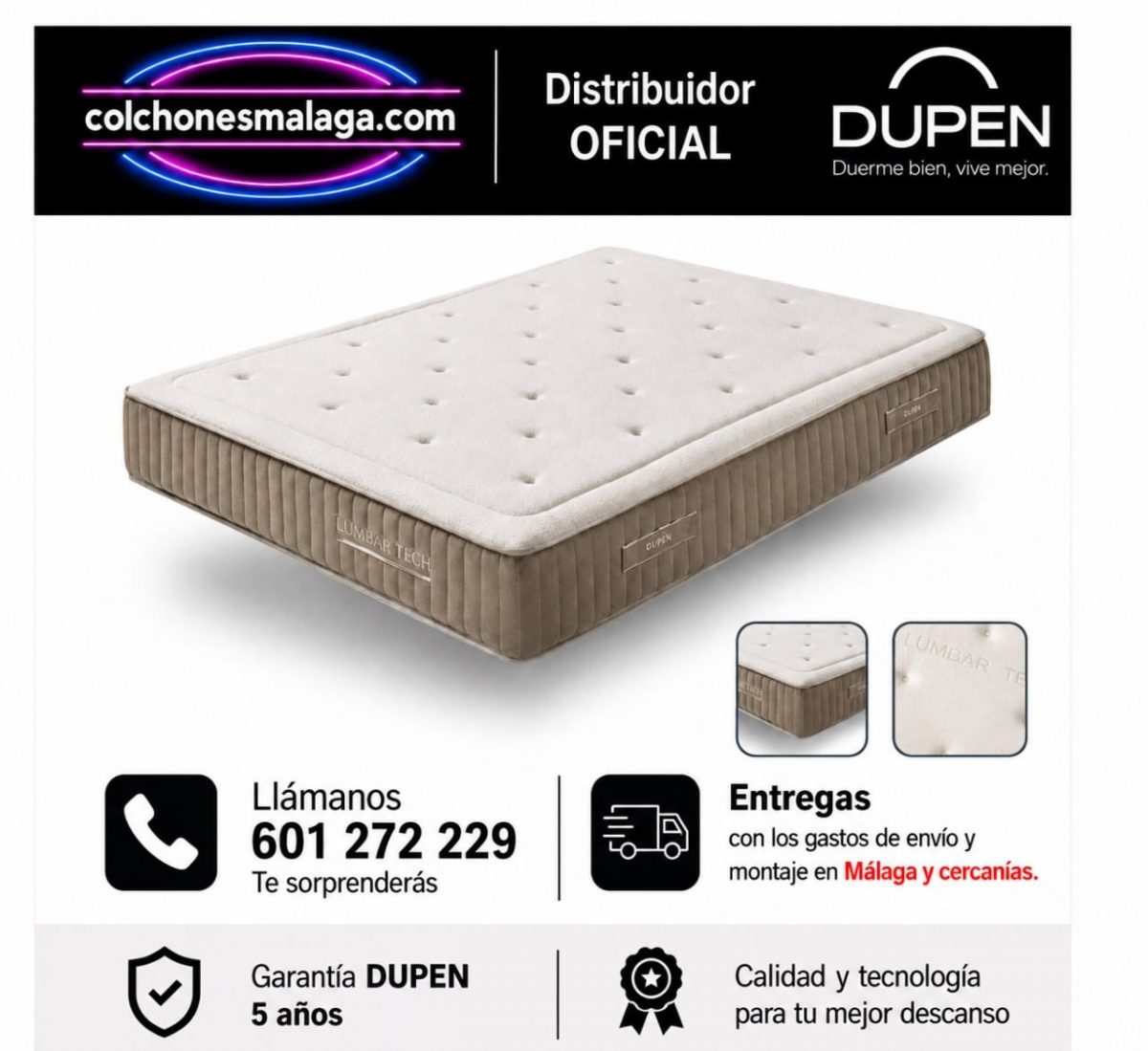 Dupen Lumbar Tech Mattress 28 cm Colchón Lumbar Tech de Dupen de 28 cm con refuerzo lumbar en las dos caras, distribuidor oficial en Málaga