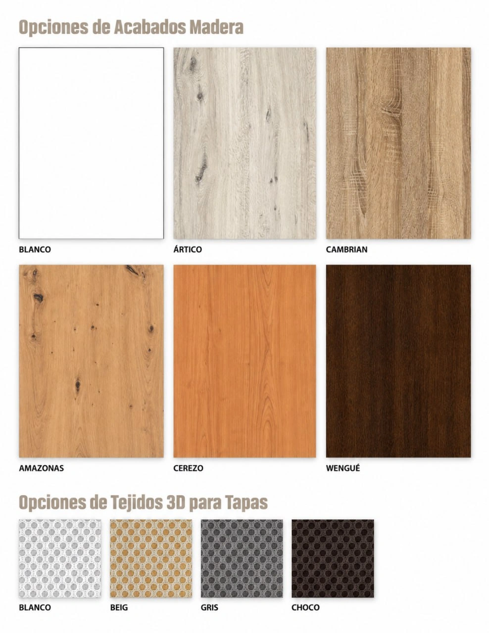 05-acabados-grande.webp Los 6 acabados de madera y los 4 tejidos 3D