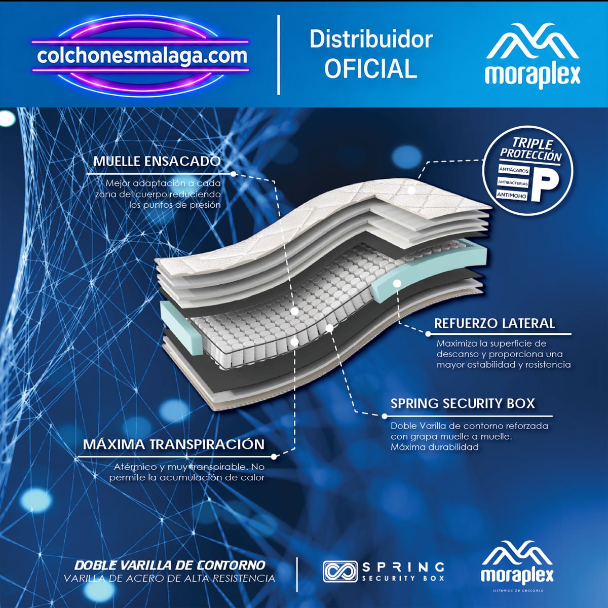 Chicago Gold Moraplex: muelle ensacado y Spring Security Box - colchonesmalaga.com Despiece del colchón Chicago Gold Moraplex: muelle ensacado, refuerzo lateral, Spring Security Box de doble varilla y triple protección antiácaros, antibacterias y antimoho