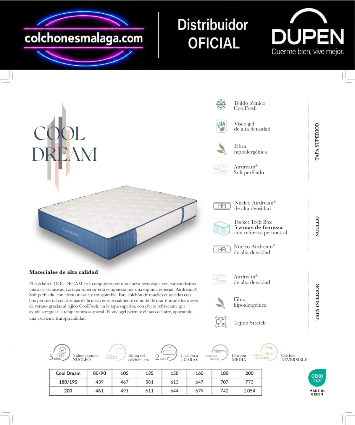 colchon-dupen-cool-dream-capas-malaga-1-1.webp Composición del colchón Dupen Cool Dream: tejido CoolFresh, visco gel de alta densidad y núcleo Pocket Tech Box de 5 zonas con refuerzo perimetral