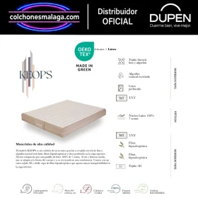 Composición del colchón Dupen Keops: tejido stretch de lino y algodón, látex perforado y núcleo de látex 100% de 7 zonas · OEKO-TEX MADE IN GREEN