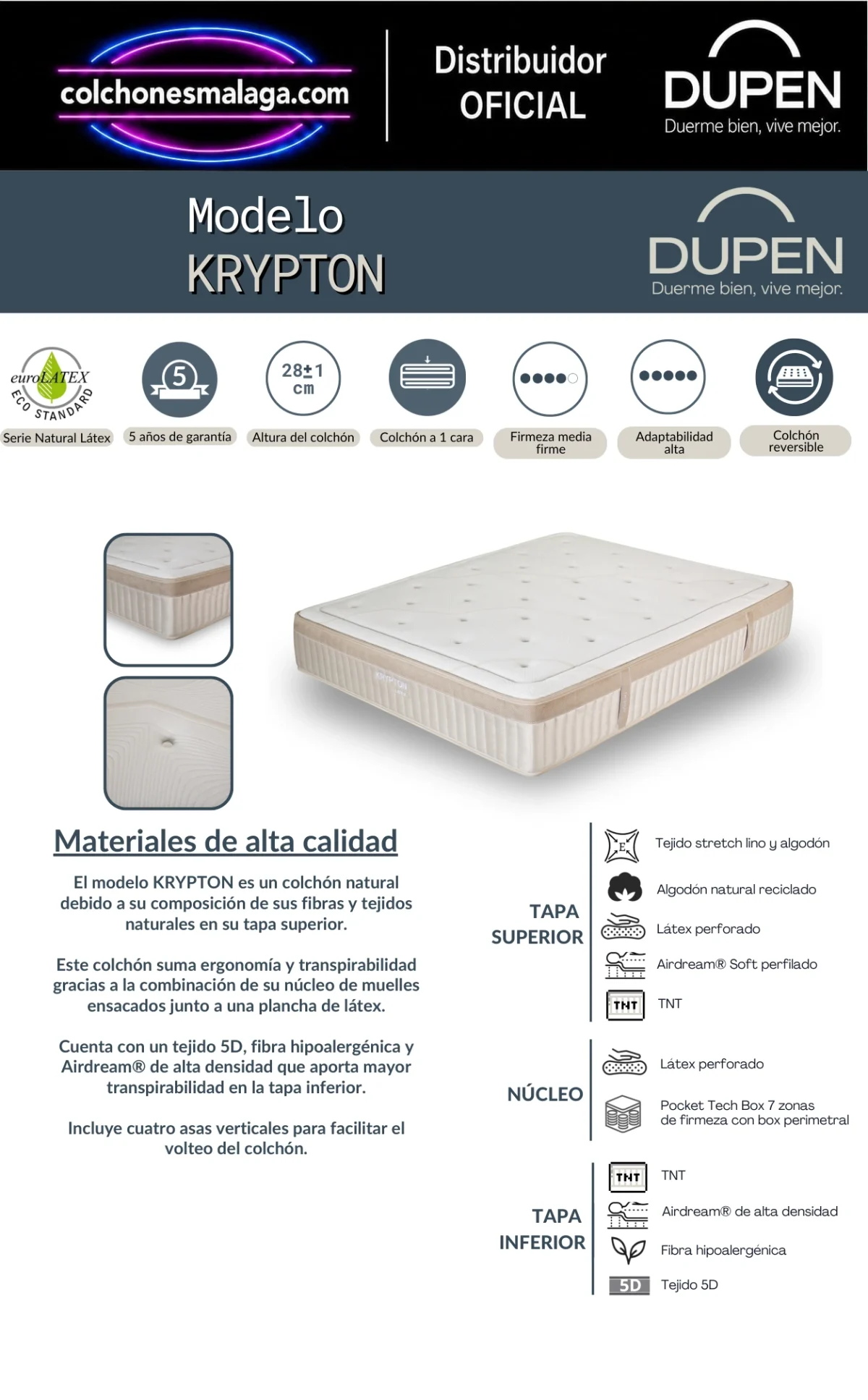 colchon-dupen-krypton-capas-malaga-1.webp Composición del colchón Dupen Krypton: tejido stretch de lino y algodón, látex perforado, Airdream Soft y núcleo Pocket Tech Box de 7 zonas con refuerzo perimetral