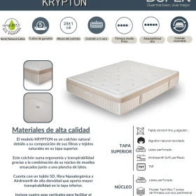 Composición del colchón Dupen Krypton: tejido stretch de lino y algodón, látex perforado, Airdream Soft y núcleo Pocket Tech Box de 7 zonas con refuerzo perimetral