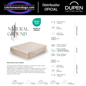 Composición del colchón Dupen Natural Ground: tejido cáñamo y bambú, látex perforado, Airdream Soft y núcleo Pocket Tech Box de 7 zonas · OEKO-TEX MADE IN GREEN