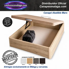 Canapé abatible Maro abierto con 28 cm de hueco útil, acabado madera