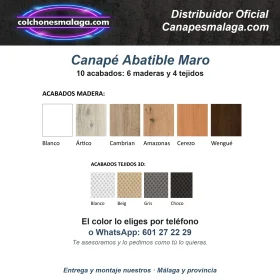 Acabados del canapé Maro: 6 maderas y 4 tejidos 3D