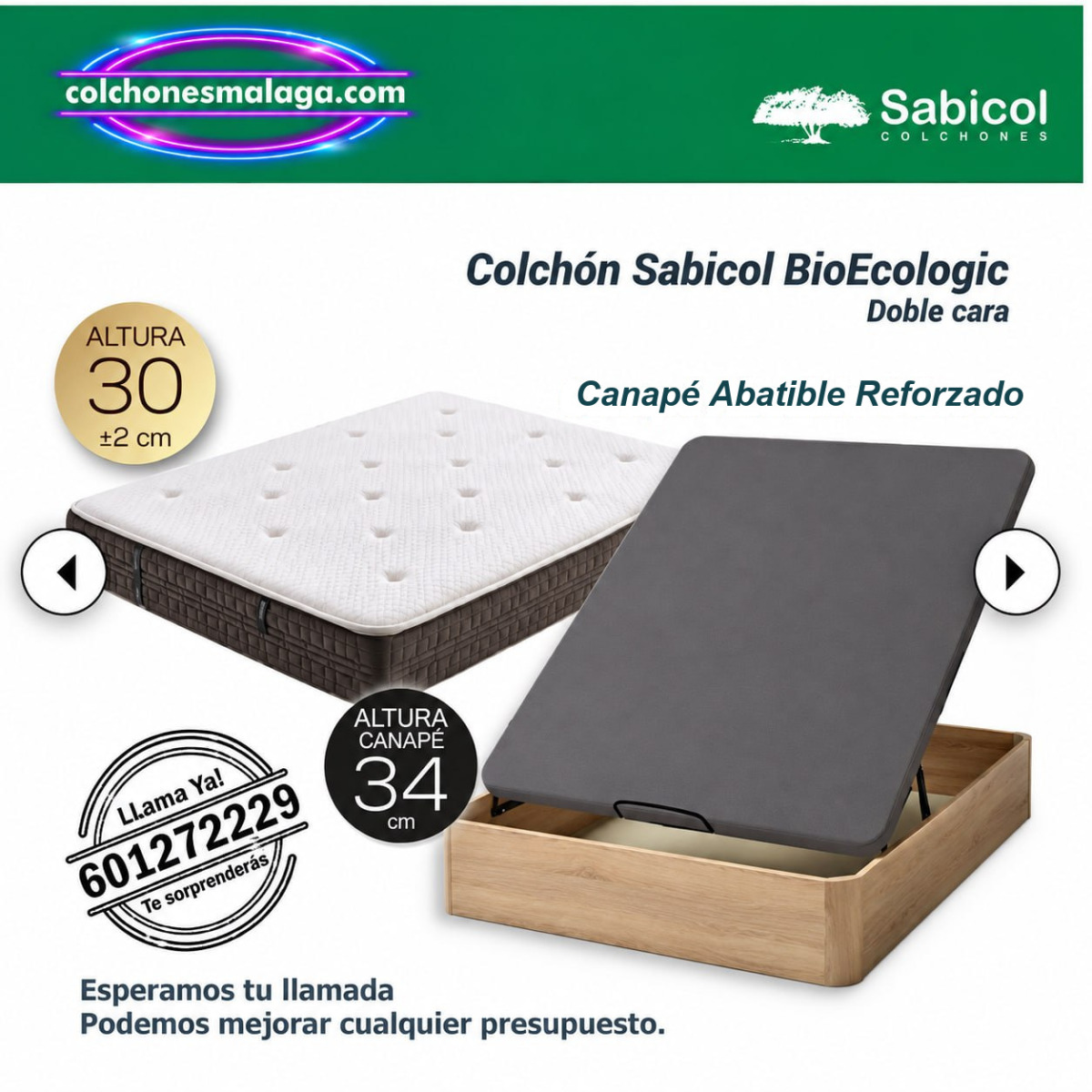 Pack colchón Sabicol Bio Ecologic 30 cm + canapé abatible reforzado · ColchonesMalaga Pack colchón Sabicol Bio Ecologic de 30 cm con canapé abatible reforzado
