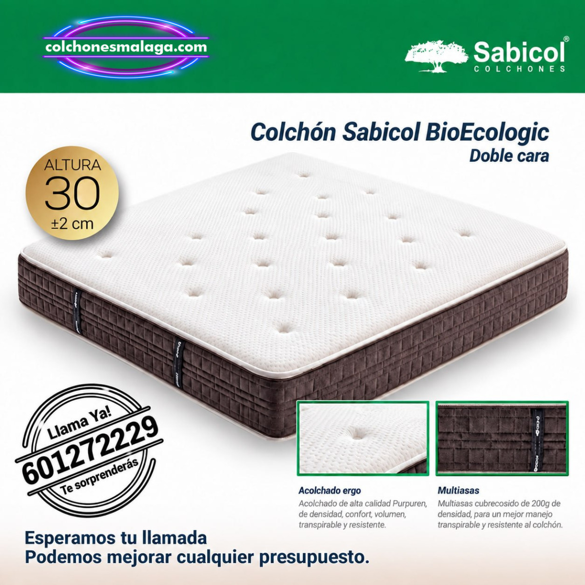 Colchón Sabicol Bio Ecologic 30 cm doble cara · ColchonesMalaga Colchón Sabicol Bio Ecologic de 30 cm, doble cara, en Colchones Málaga